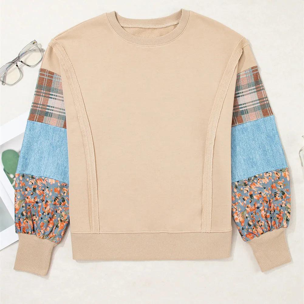 Women's apricot and red plaid stitch long sleeve loose fit casual polyester top