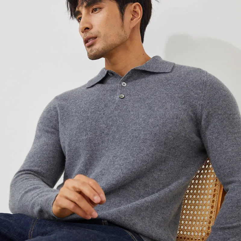 Men's cashmere pullover sweater with polo collar in sapphire blue colour option
