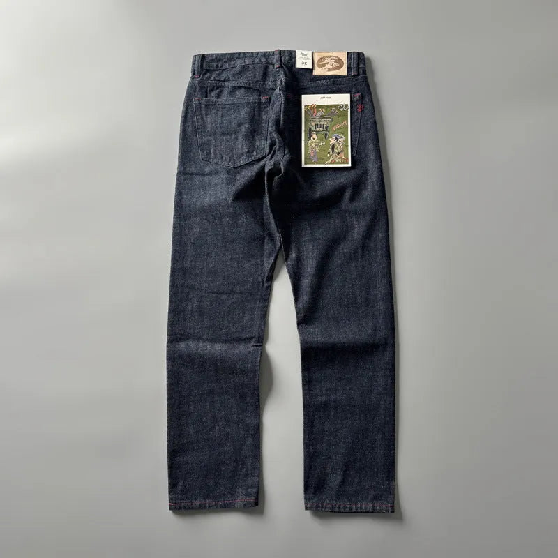 Men's straight leg denim jeans in primary colour with American retro style and mid waist fit