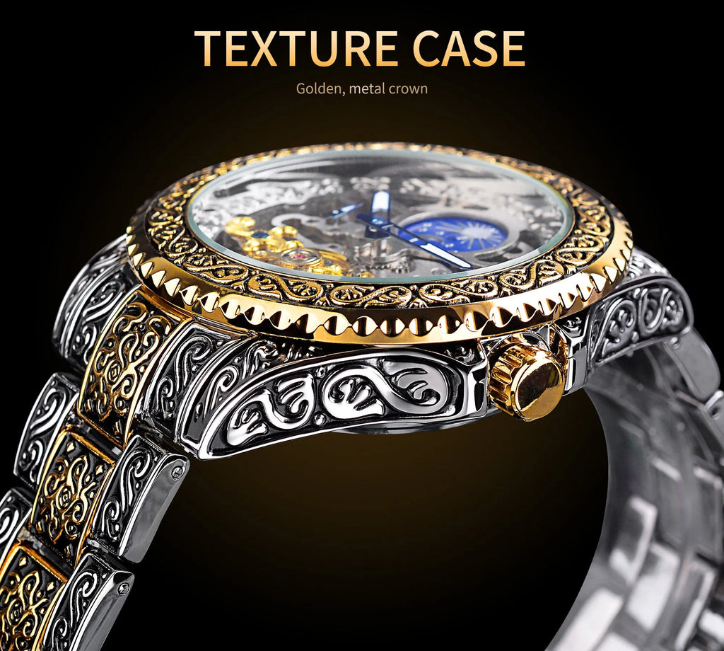 Forsining yellow gold skeleton tourbillon automatic watch with 44mm stainless steel case