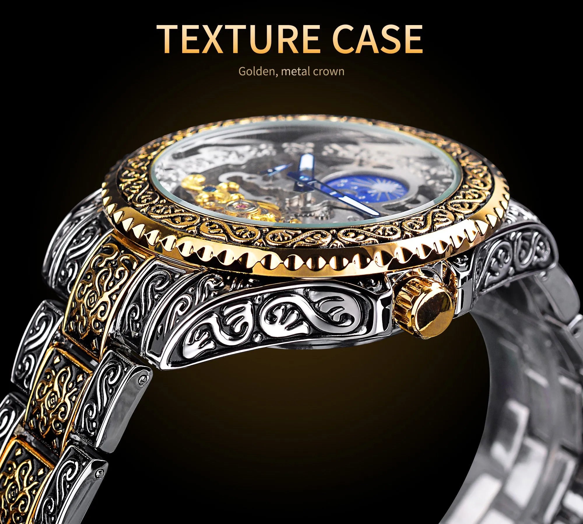 Forsining yellow gold skeleton tourbillon automatic watch with 44mm stainless steel case