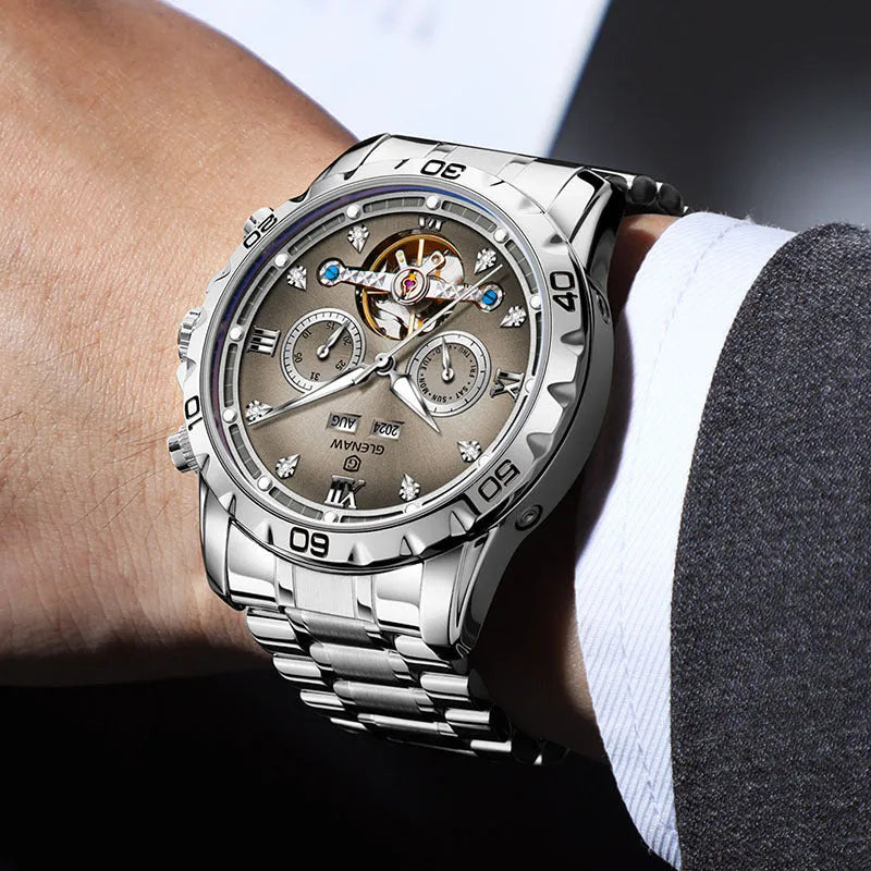 Men's automatic mechanical watch with stainless steel strap and mineral glass in business style