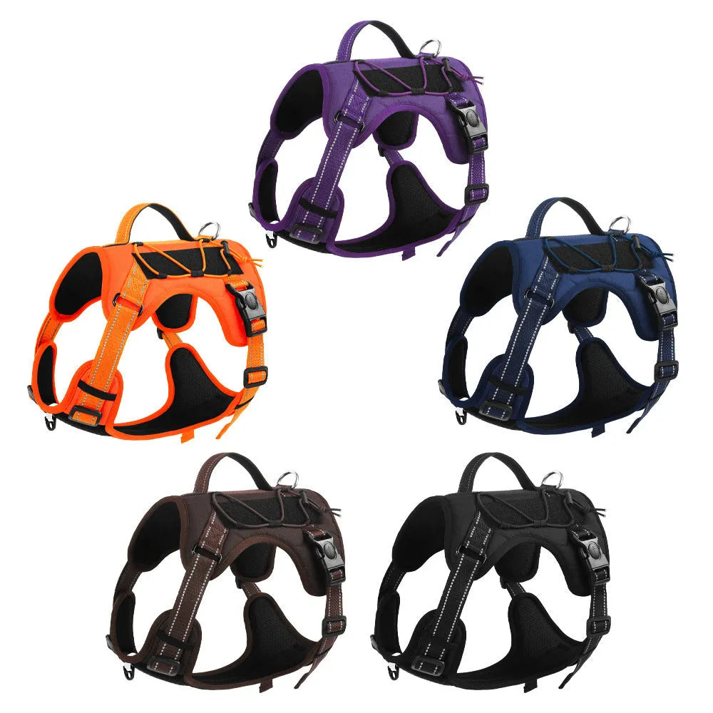 Orange reflective dog vest harness with an attached black hand-holding rope lead on a medium-sized dog.