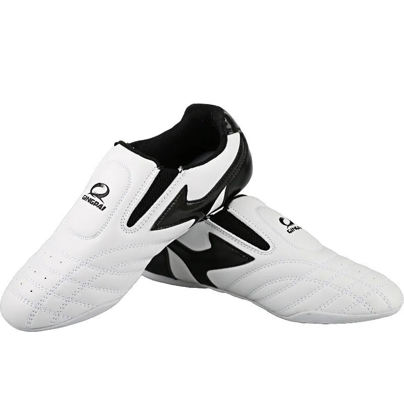 Black and White children's martial arts training shoes with soft bottom construction