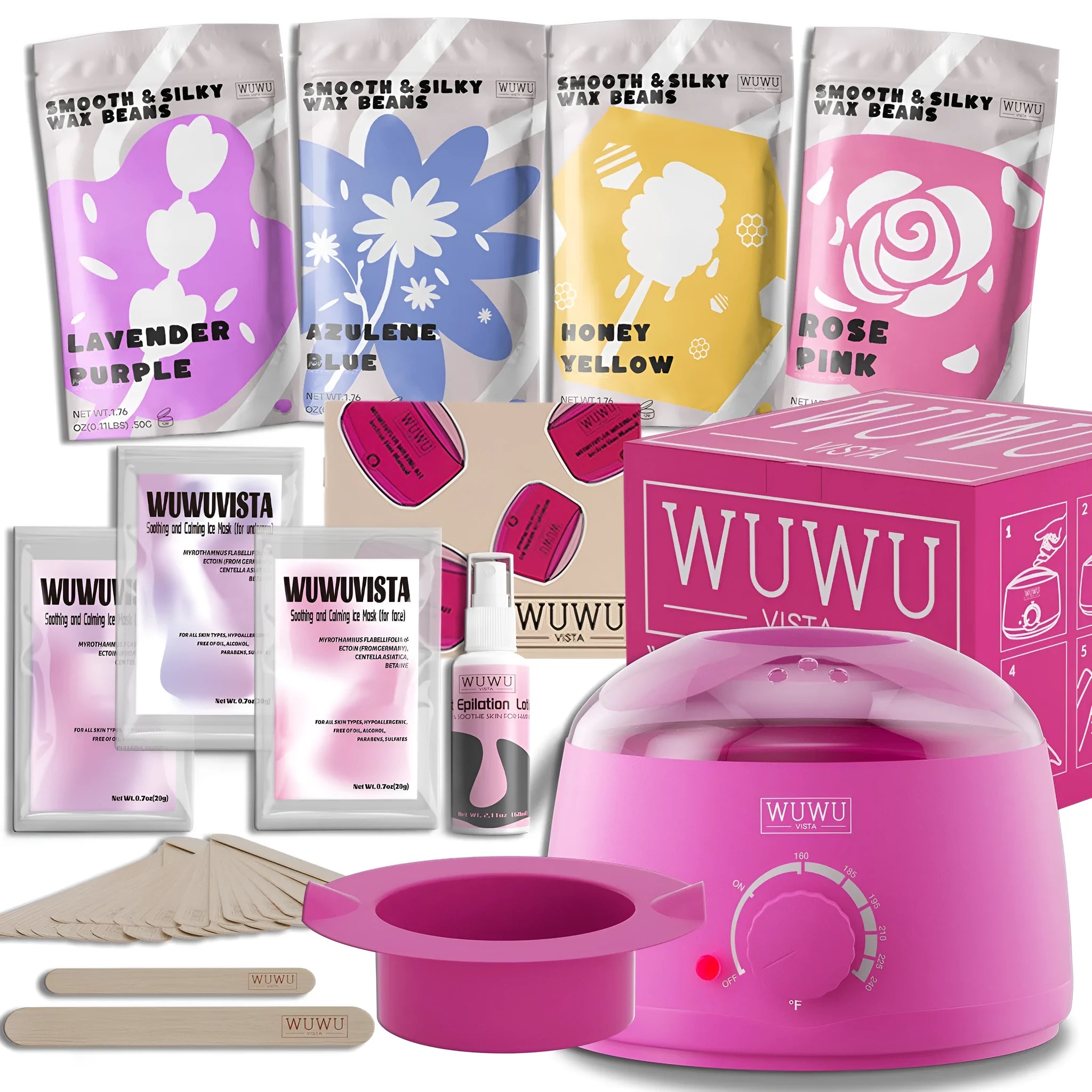 29-piece hard wax hair removal kit with black wax warmer, four coloured wax beads, wax sticks and aftercare products