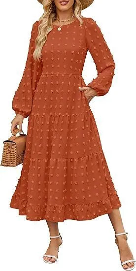 Women's long sleeve high waist casual dress in solid colour with ruffled sleeves.