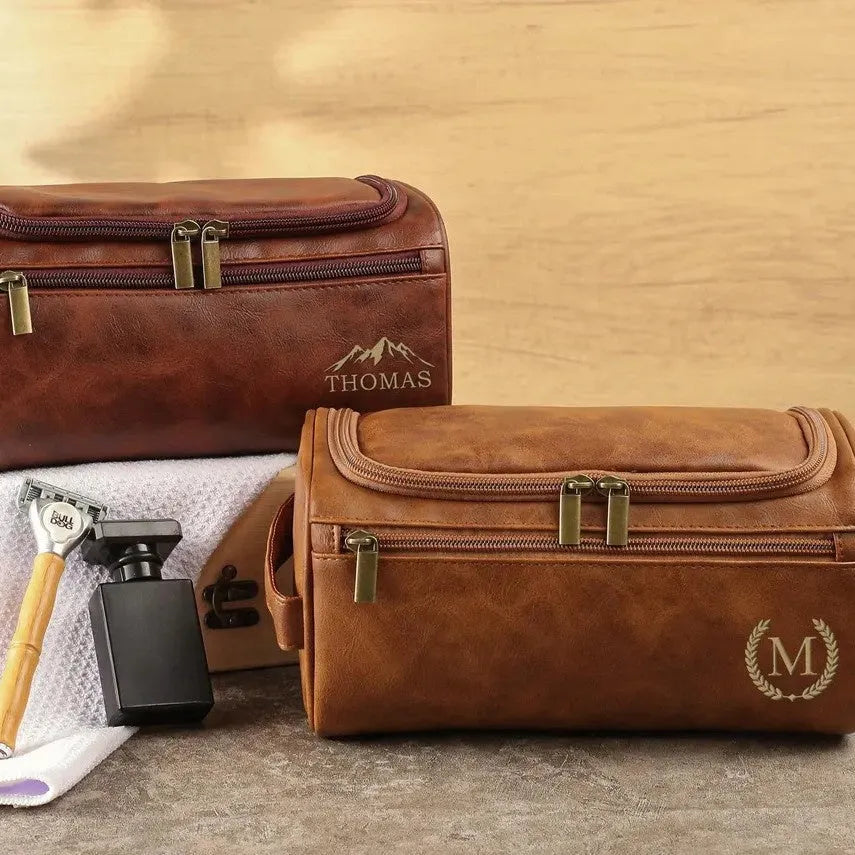 Men's personalised PU travel bag in four colour options with included makeup bag