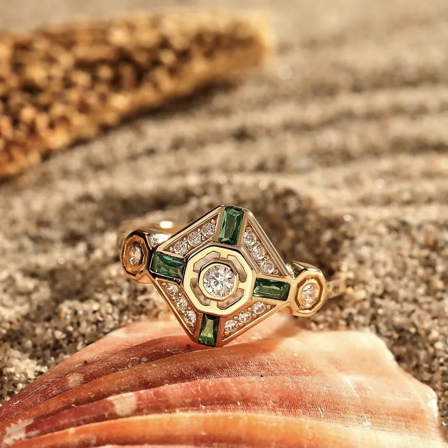 Square geometric women's ring with electroplated lvzuan finish showing ins style design