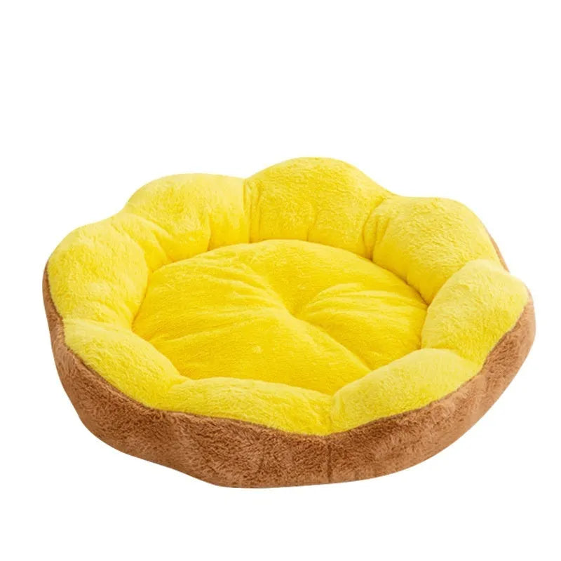 Round cat bed made from thick rabbit plush fabric in brown grey colour.