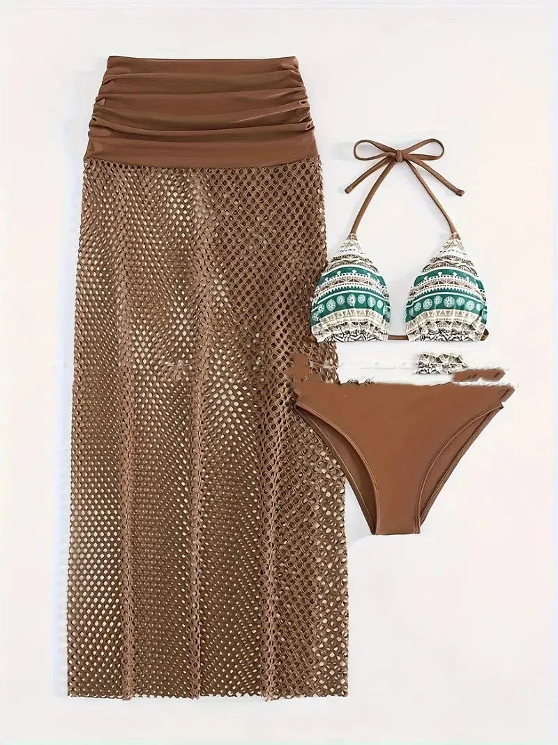 Women's brown gradient fishnet long skirt bikini three-piece set displayed on mannequin