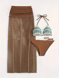 Women's brown gradient fishnet long skirt bikini three-piece set displayed on mannequin