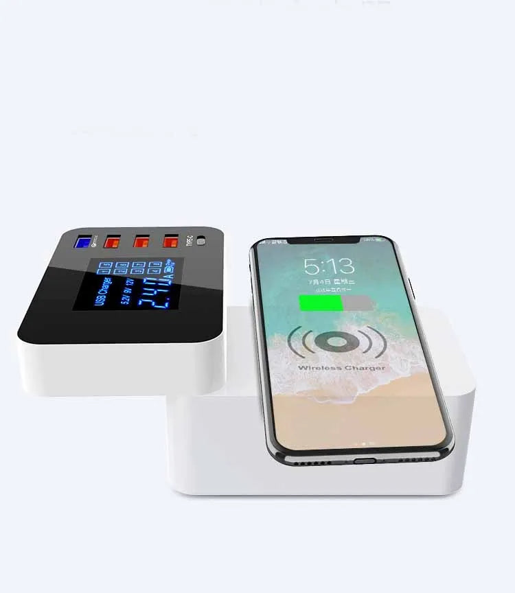 White multi USB port fast charger with wireless charging pad and interchangeable EU UK US plug adapters
