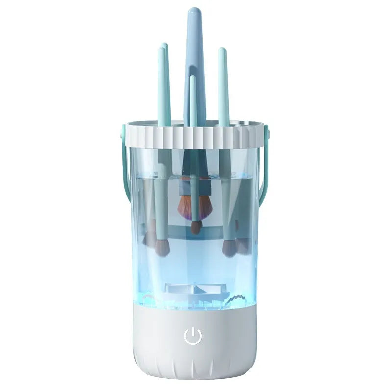 White rechargeable electric makeup brush cleaner with USB charging cable