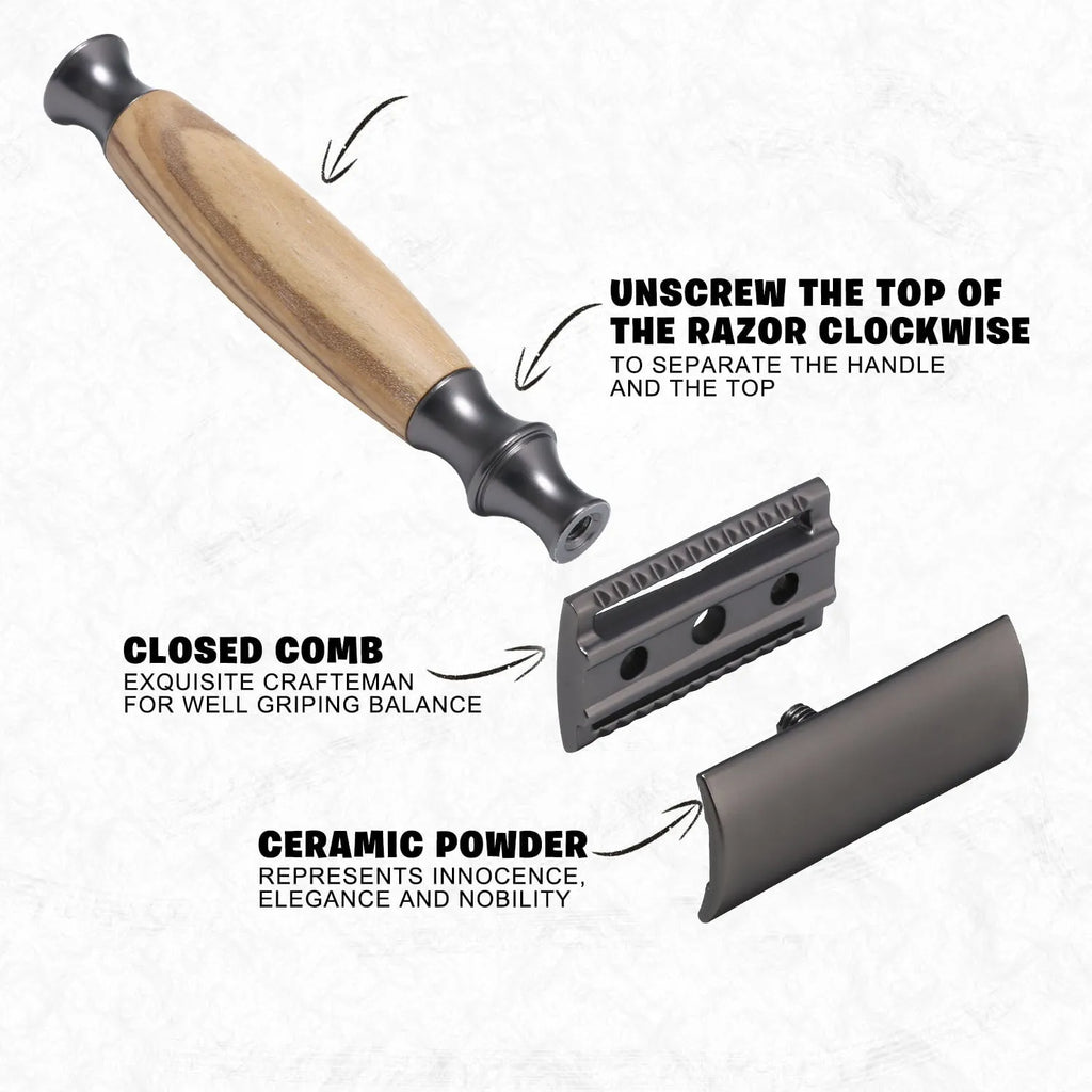 Men's copper manual shaving razor with olive wood handle and metal shaver holder.