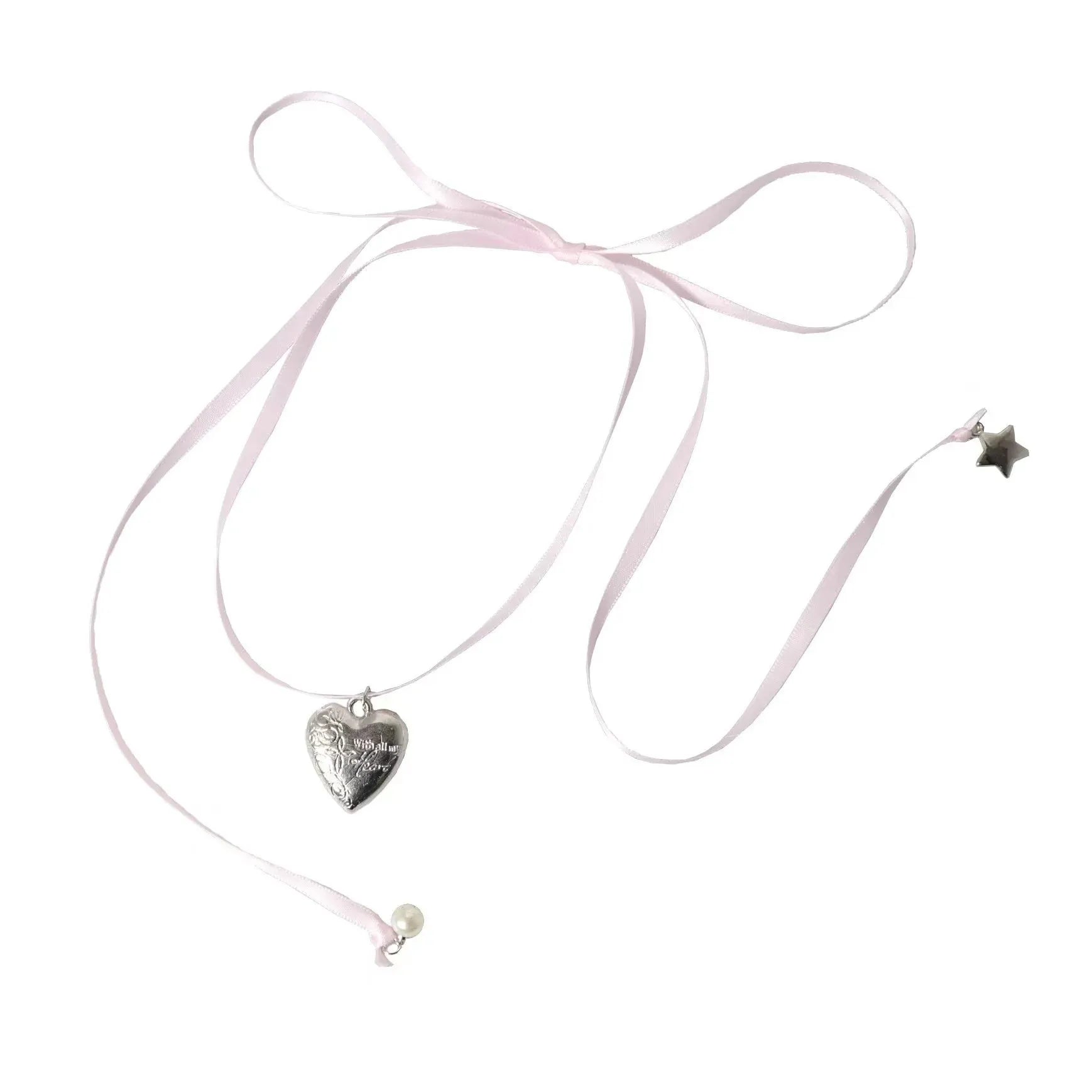 Women's gold-colour ribbon love pendant necklace on slender clavicle chain