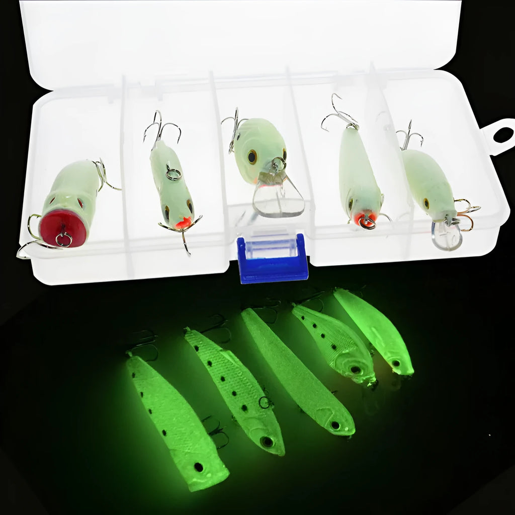 Set of five 3D fluorescent hard bait fishing lures with realistic fish-scale patterns in assorted colours
