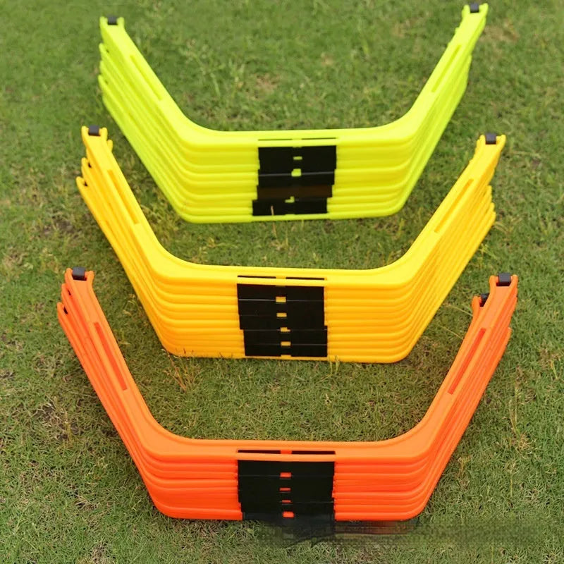 Set of six foldable hexagon football agility training rings in green, orange and yellow PP plastic