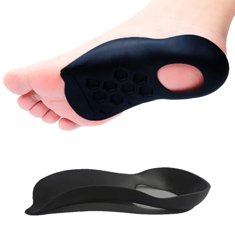 TPR arch support varus correction insole in white, black, and skin colour, showing size S and L.