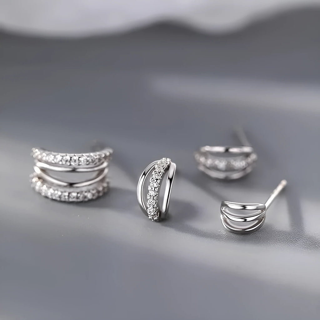 925 silver geometry earrings with electroplated finish shown in three available sizes