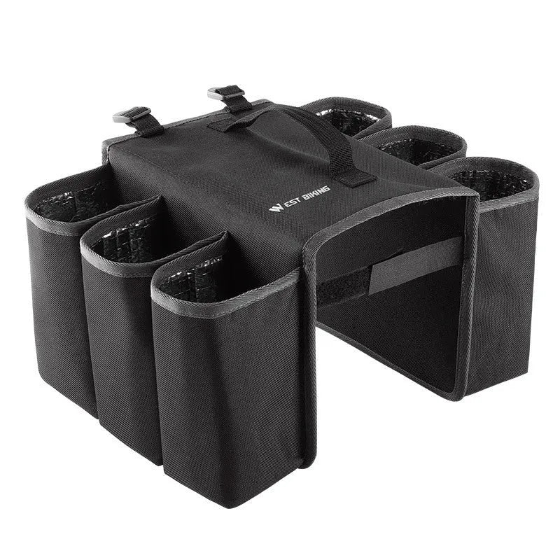 Black and orange double-sided bicycle drink bag made from 600D PVC mounted on handlebars.