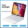 Silver 360-degree rotating Bluetooth keyboard attached to an iPad tablet showing its slim profile.