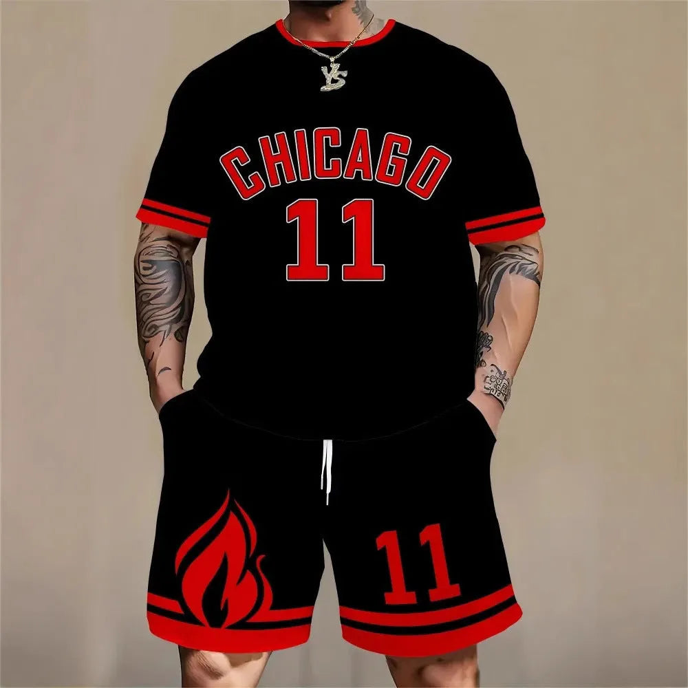 Man wearing a matching 3D printed letter design short sleeve top and shorts in a sportswear setting.