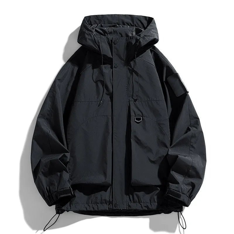 Men's black waterproof hooded jacket with long sleeves and regular length fit