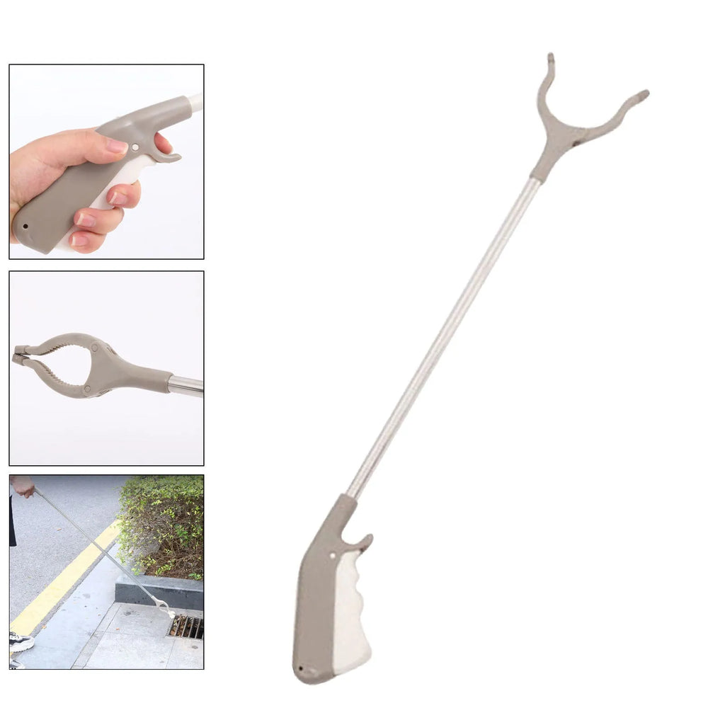 Stainless steel reacher grabber tool with push handle and non-slip chuck, 40cm long.