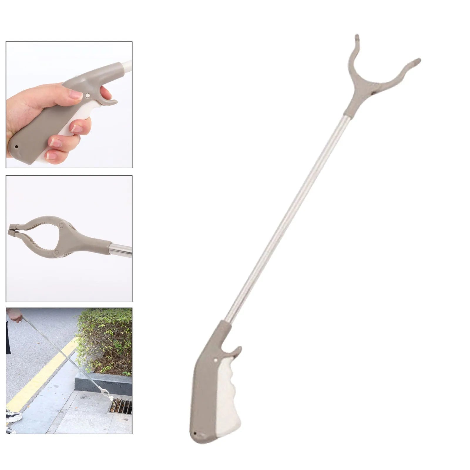 Stainless steel reacher grabber tool with push handle and non-slip chuck, 40cm long.