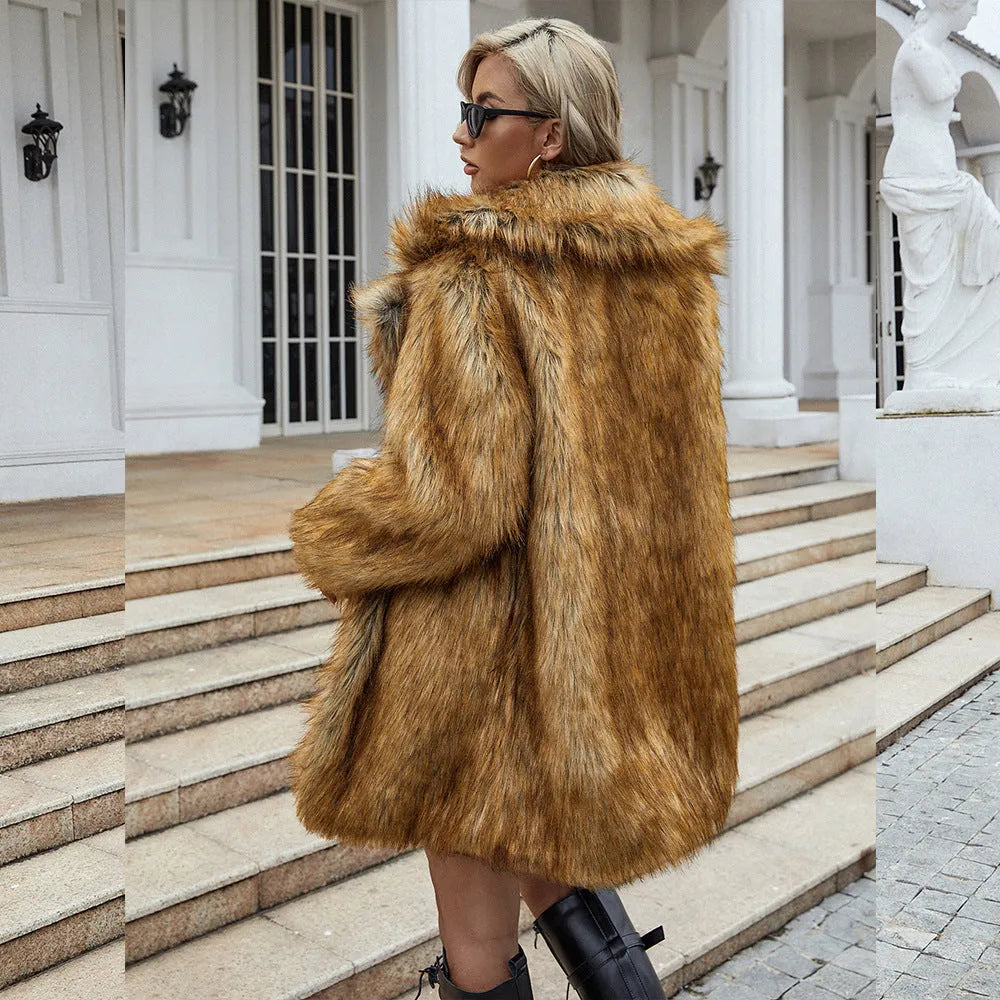 Yellow women's faux fur coat with loose fit and 80cm length, regular sleeves