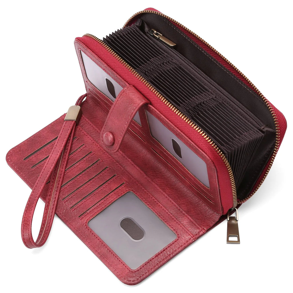 Expanding card holder women long wallet passport bag in light brown PU leather with anti-theft feature