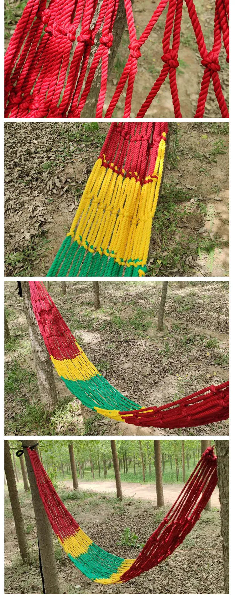 Nylon rope mesh hammock hung outdoors, showing its woven design and included tying ropes.