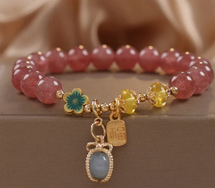 Red strawberry quartz beaded bracelet with alloy metal and rhinestone detailing for women's jewellery