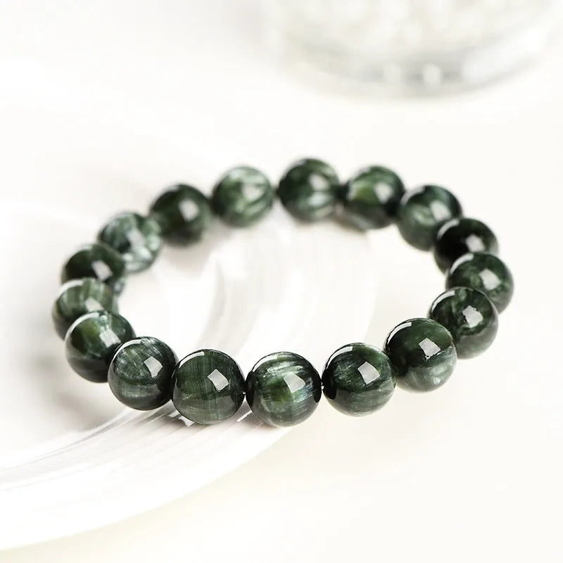 Natural green dragon crystal bracelet with 8-9mm geometric beads and ruyi design