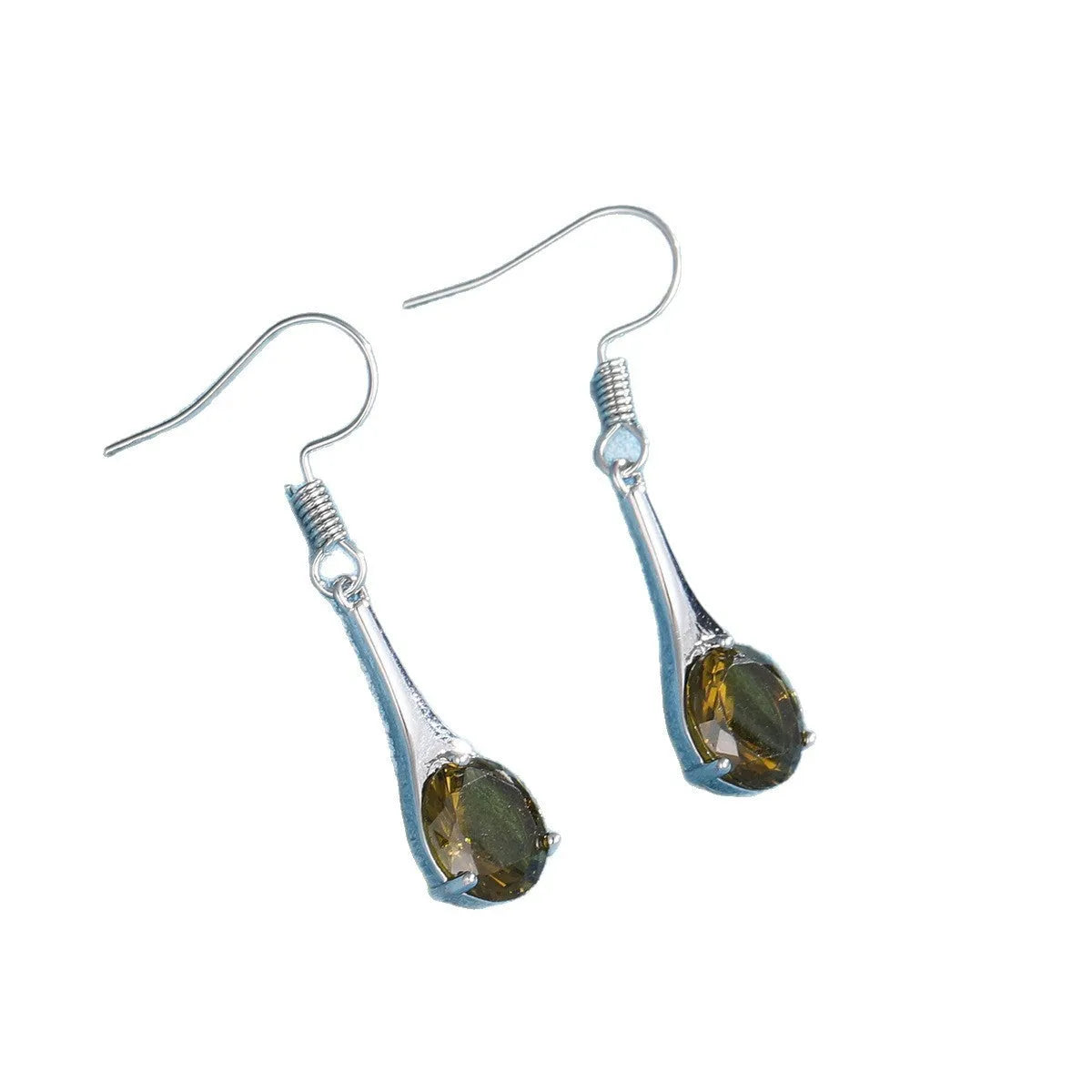 Olive green topaz water drop shaped earrings with electroplated finish and minimalist design