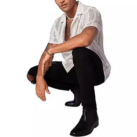 Men's black knitted short-sleeve button-up shirt with a cardigan style and Jacquard texture on a hanger.