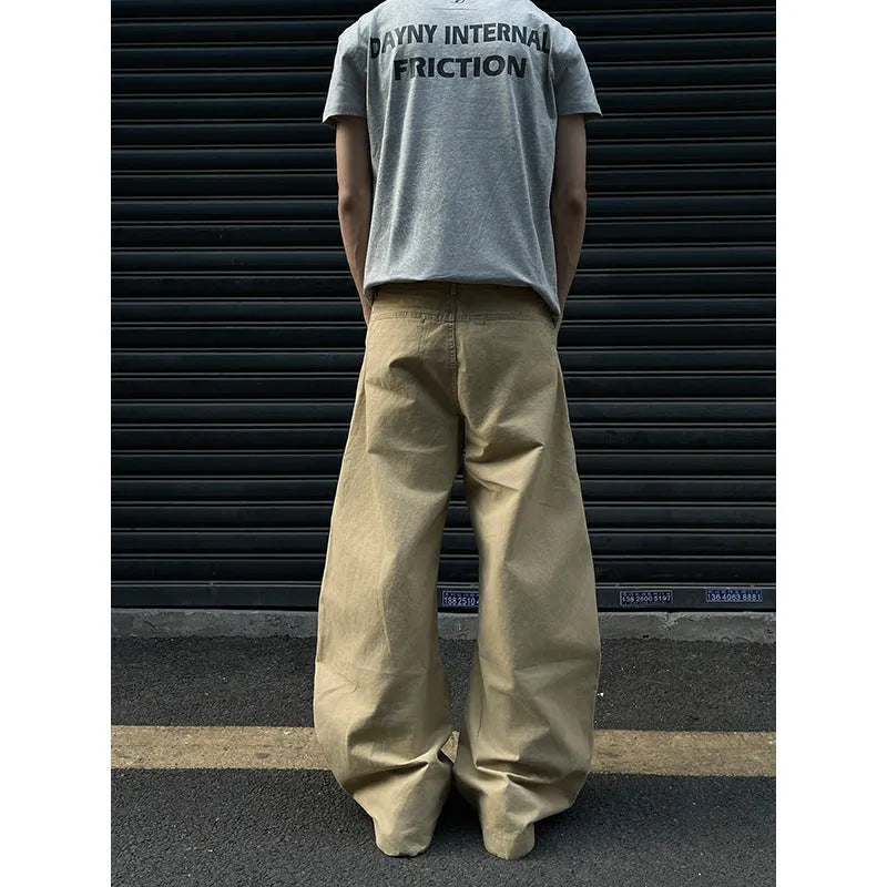 Men's khaki cotton straight leg trousers with American retro styling