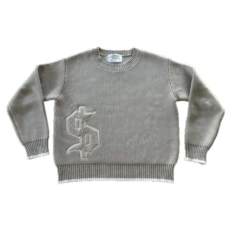 Grey jacquard pattern loose-fitting knitwear coat with long sleeves for autumn winter wear