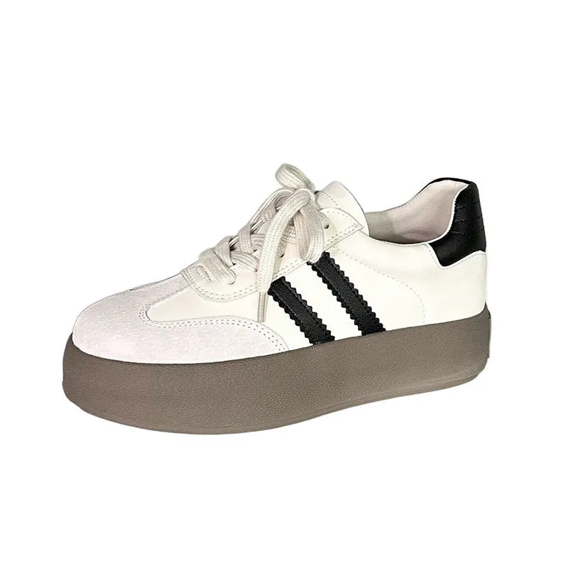 Women's vintage distressed round toe sneakers in beige or black featuring two-layer cowhide upper and rubber sole