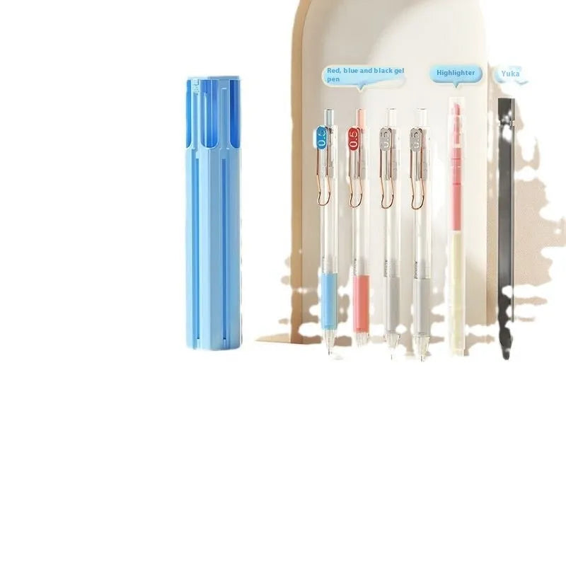 Plastic six pen pencil case kit in multiple colours with pressing pen design for organised storage