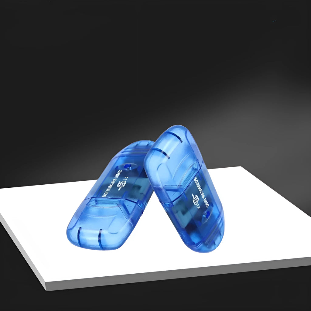 Transparent plastic USB card reader with LED light option on a desk