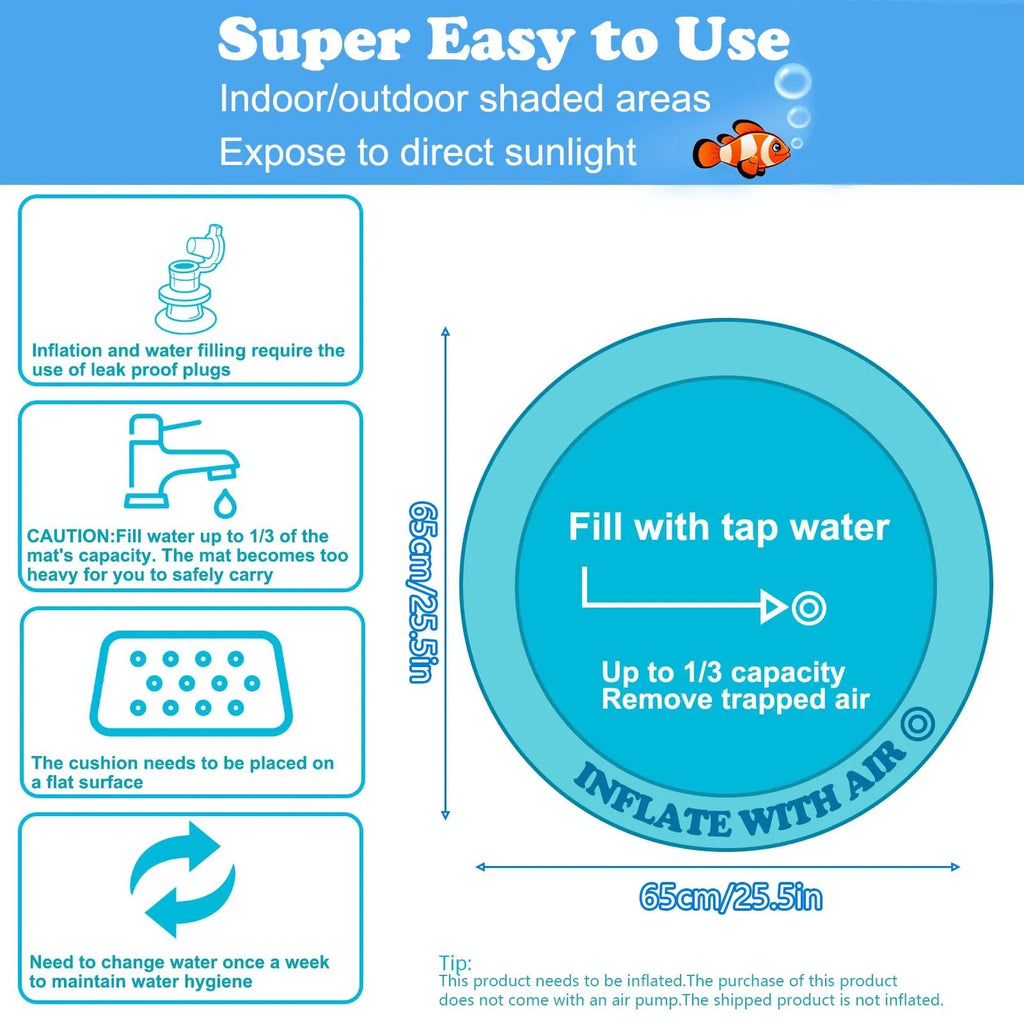 Blue water sensory playmat for cats and dogs on floor, showing inflated edge and floating fish toys inside.