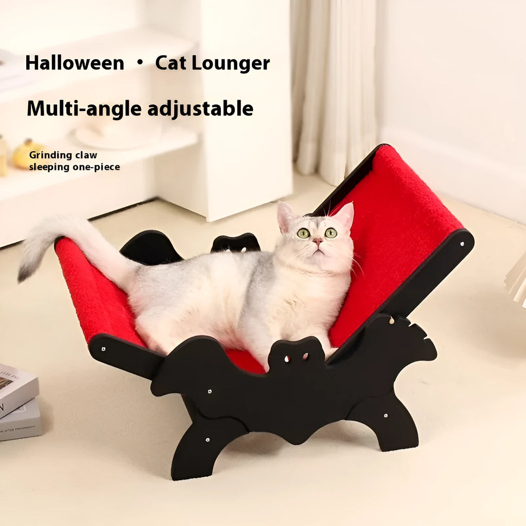 Wooden cat recliner bed with Halloween black and red design on raised platform