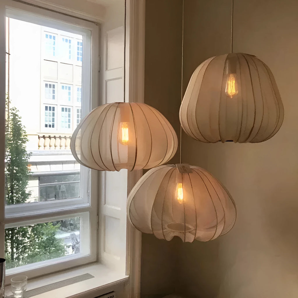 Japanese style net pumpkin ceiling lamp with iron construction and LED lighting in white finish