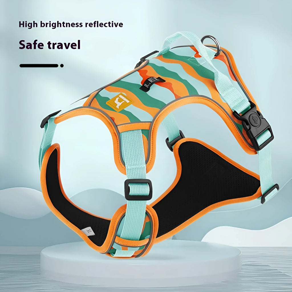 Reflective dog harness with hand holding rope in orange, army green, gray, or chocolate colours