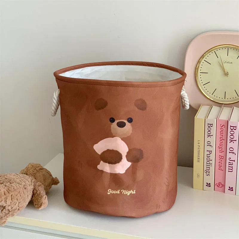 Foldable cotton cloth laundry basket with bear print design for bedroom storage