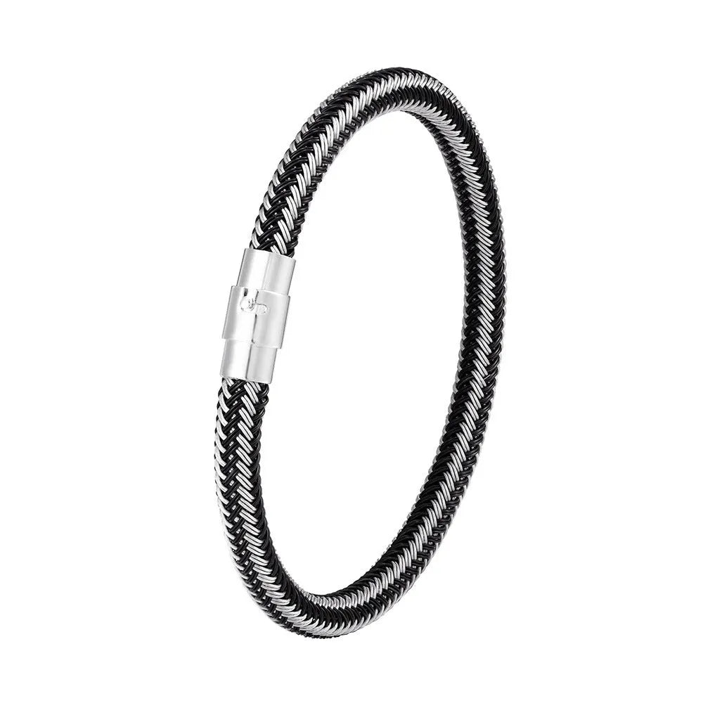 Titanium steel wire bracelet with magnetic clasp in geometric design showing line patterns
