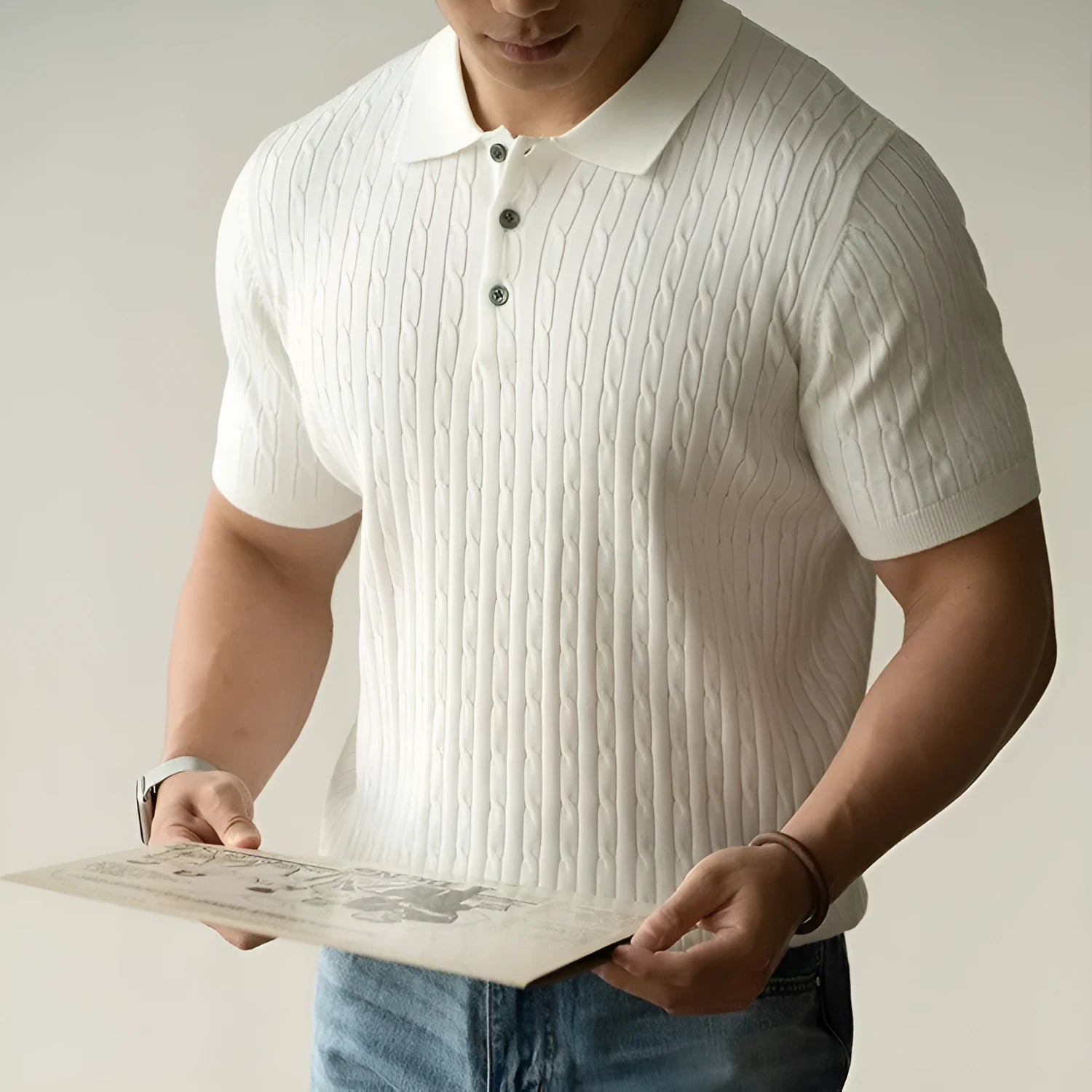Men's khaki short sleeve business-casual top for office and commute wear.