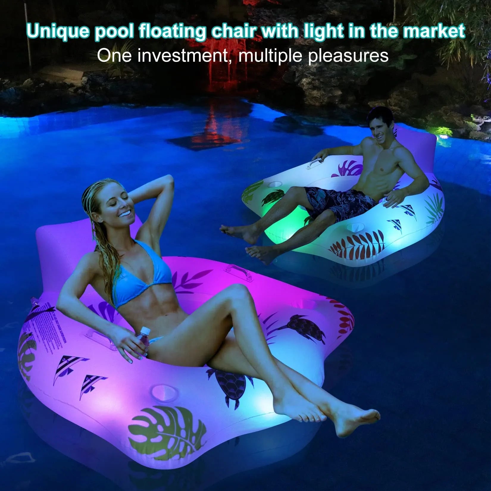 White U-shaped luminous inflatable float for pool seating measuring 120cm by 120cm