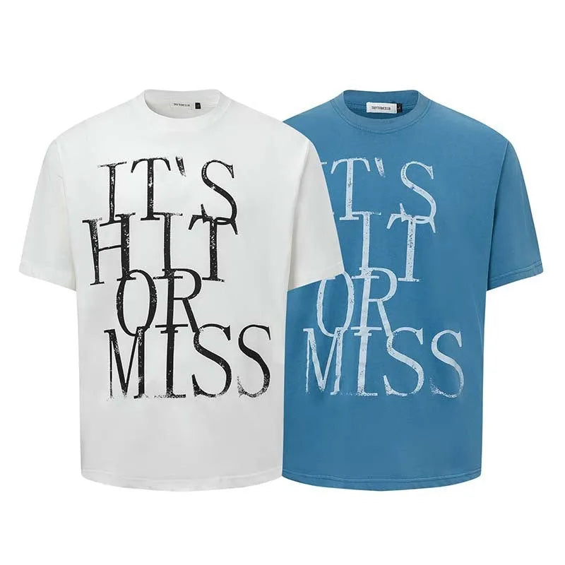 Men's blue American retro style t-shirt with white letter printing and loose fit design